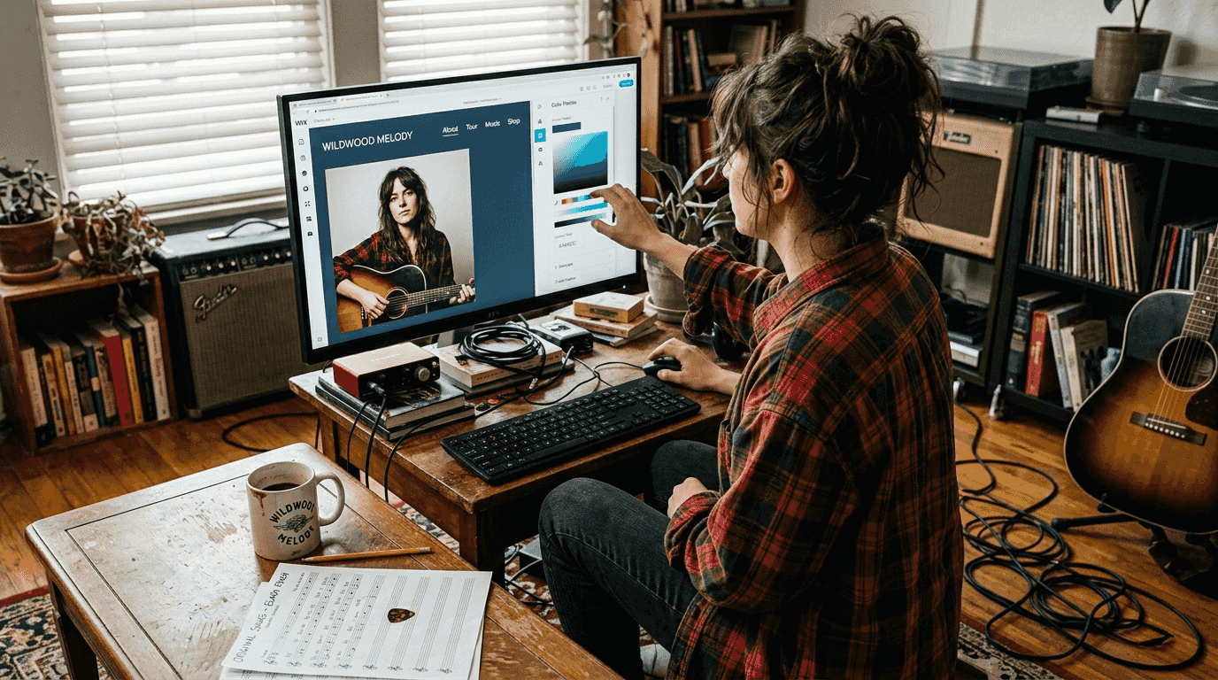 Musician customizing site in cluttered living room