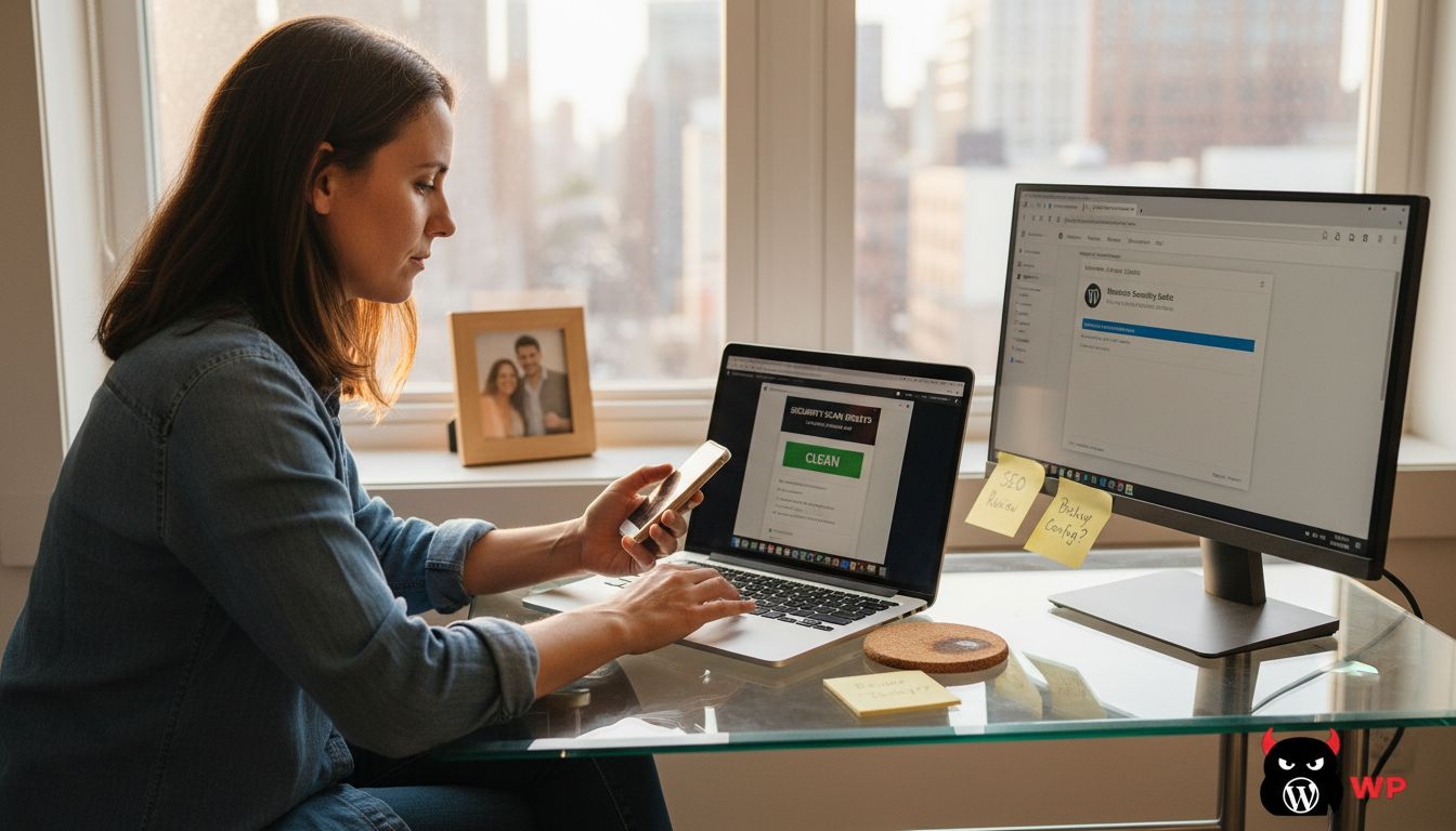 Engineer updating WordPress plugins at apartment desk