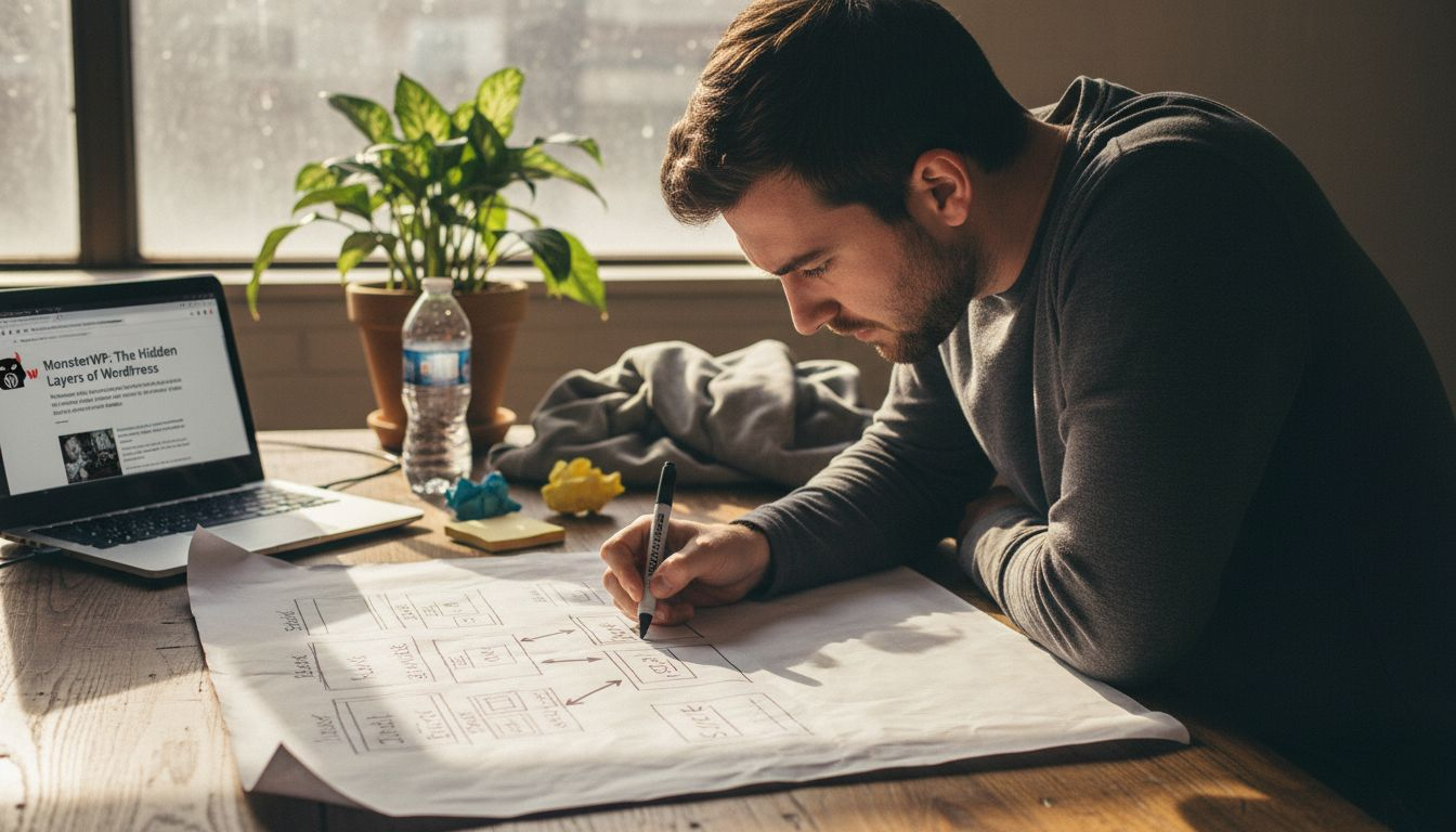 Designer sketching website wireframe at table