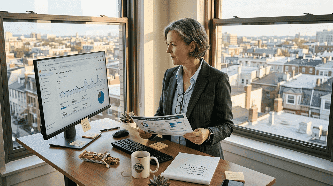 Business owner reviews SEO plan in office