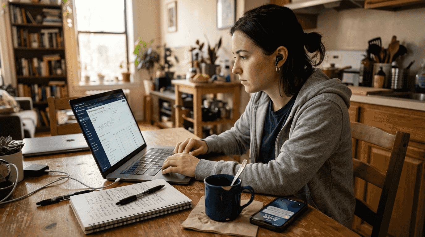 Marketer researching SEO keywords at kitchen table