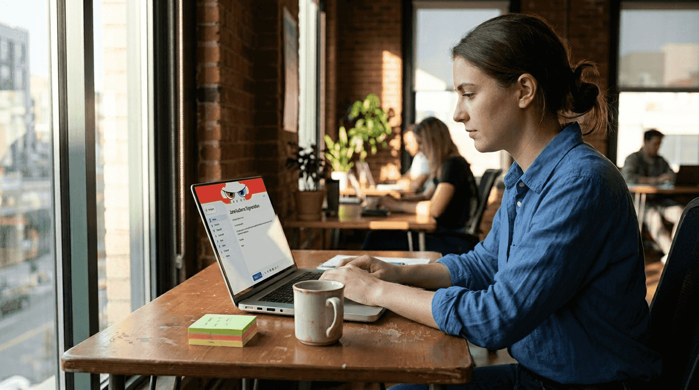 Professional scheduling marketing email at desk