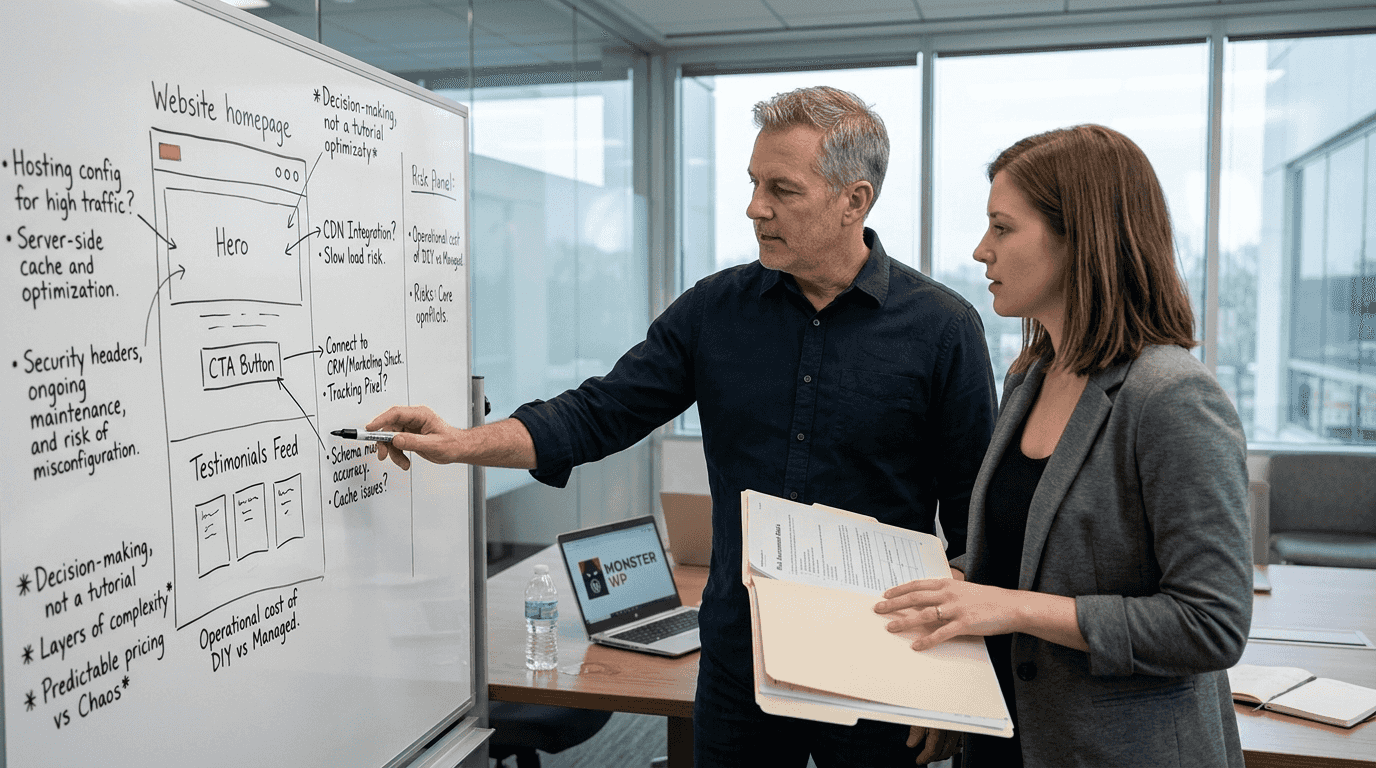 Colleagues reviewing homepage content whiteboard