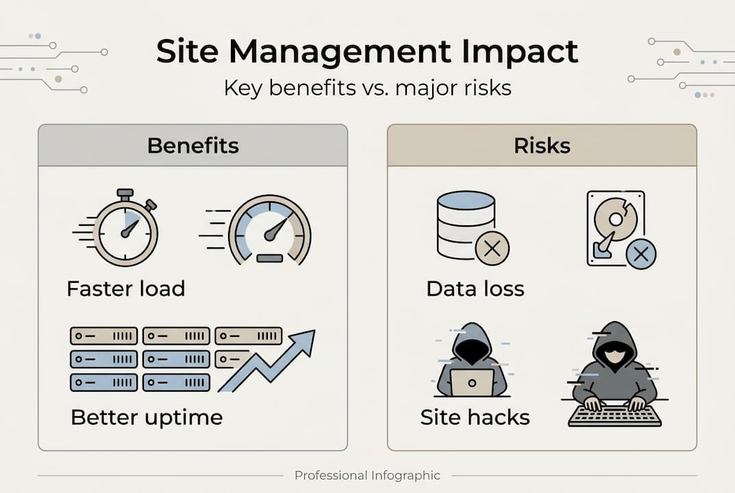 Infographic showing website management benefits and risks