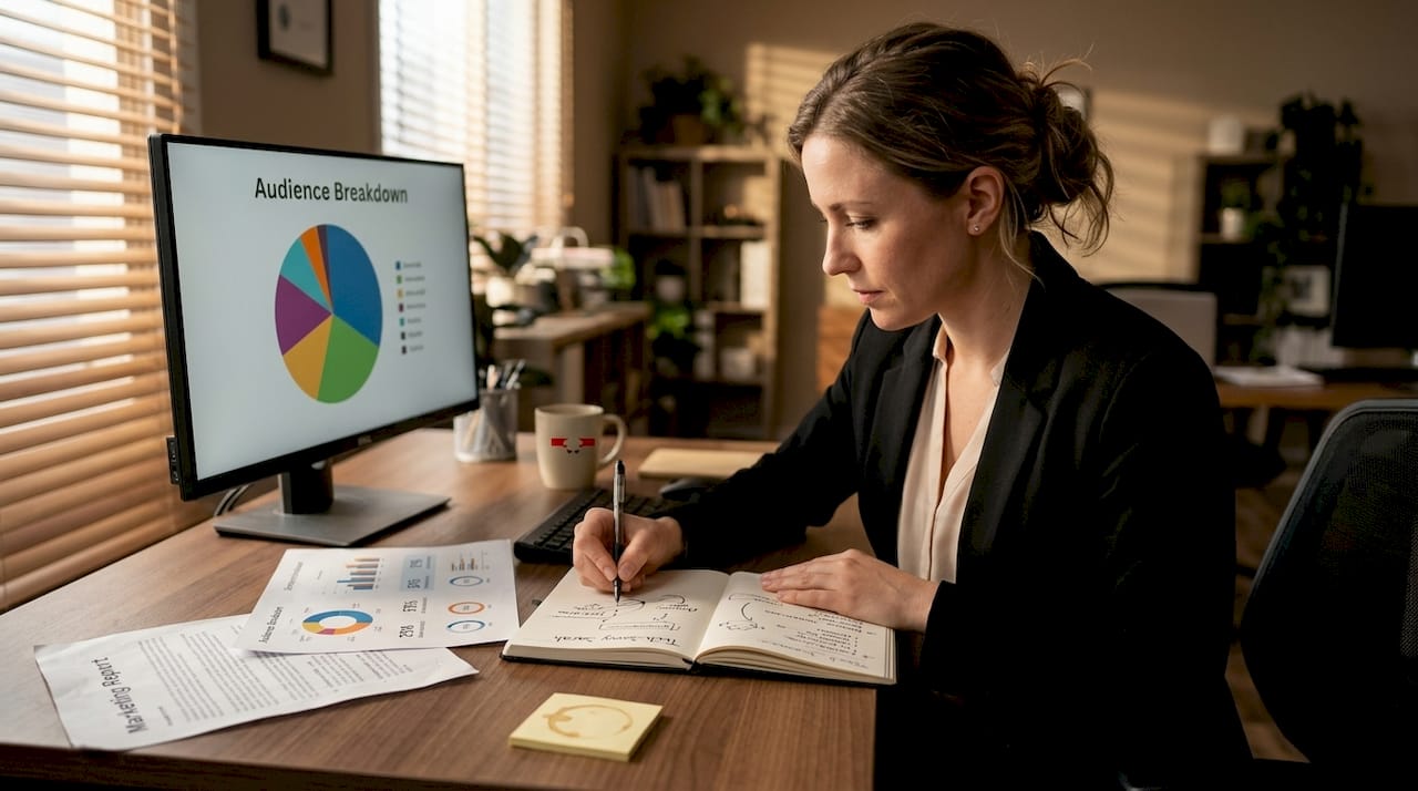 Woman creating buyer personas at cluttered desk
