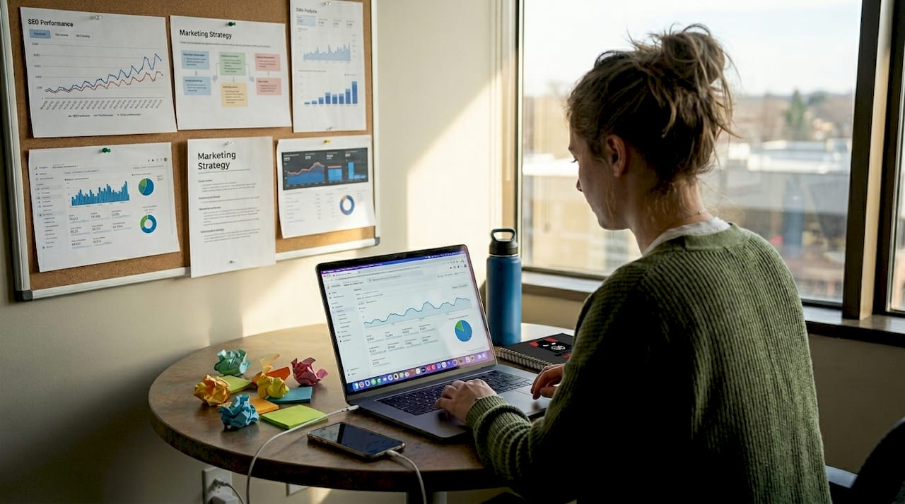 Marketing analyst reviewing SEO performance graphs