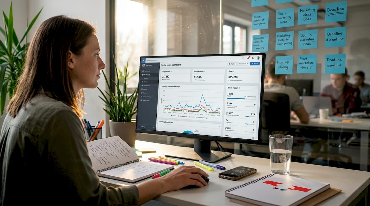 Marketing manager uses desktop social media dashboard