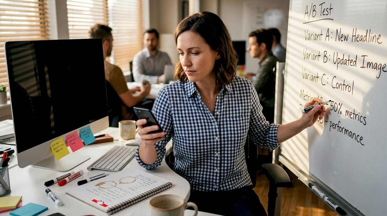 Strategist updating ad campaign creative test board