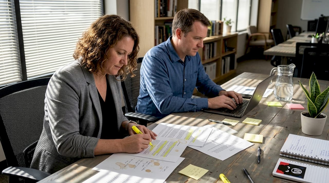 Team reviewing homepage content together