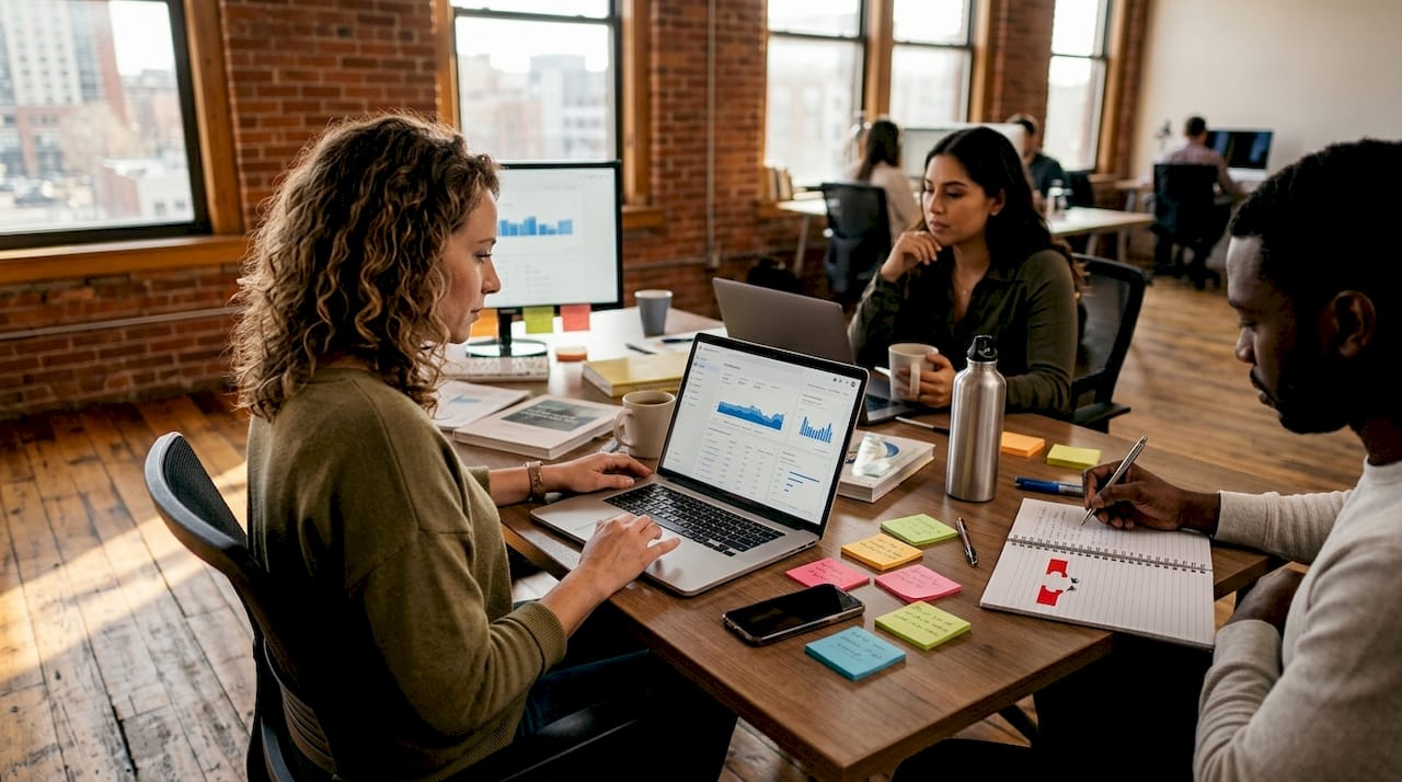 Team planning social media strategy together