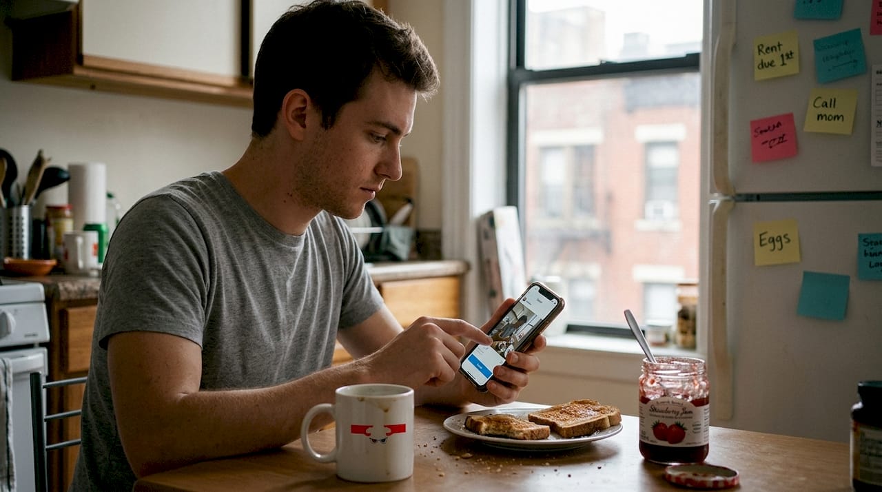 User shares social media content at home