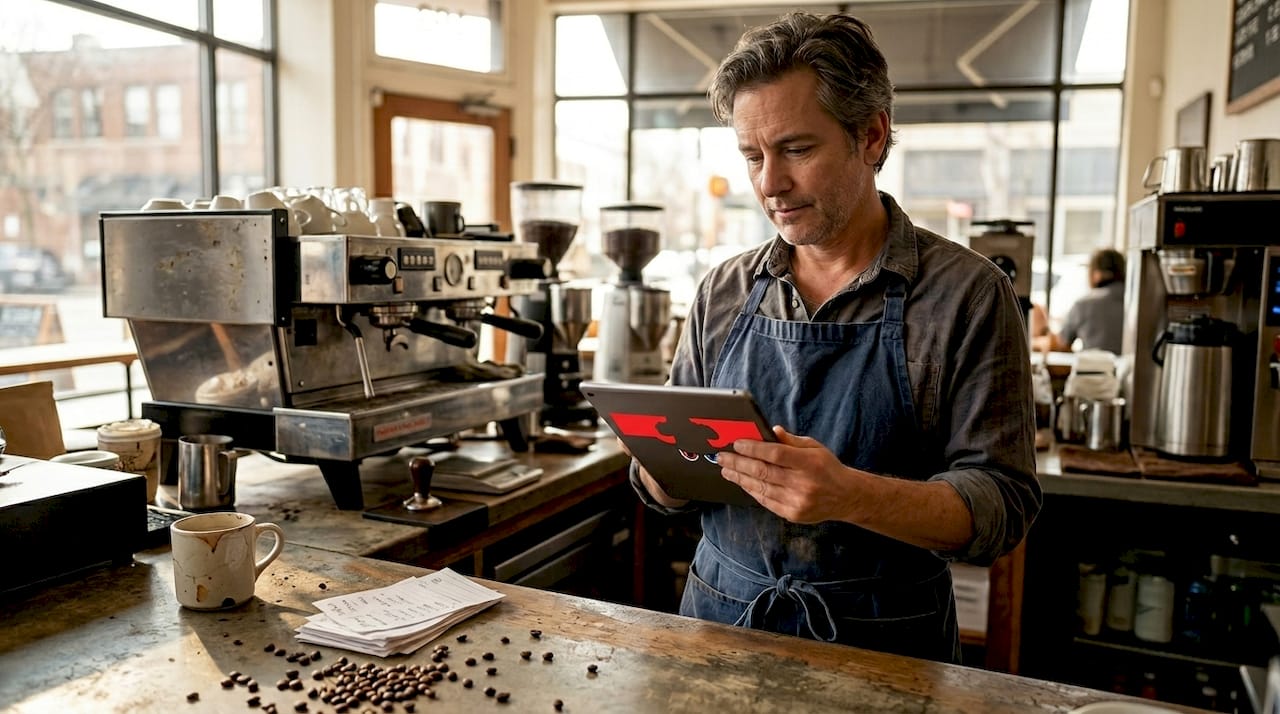 Café manager checking online reviews