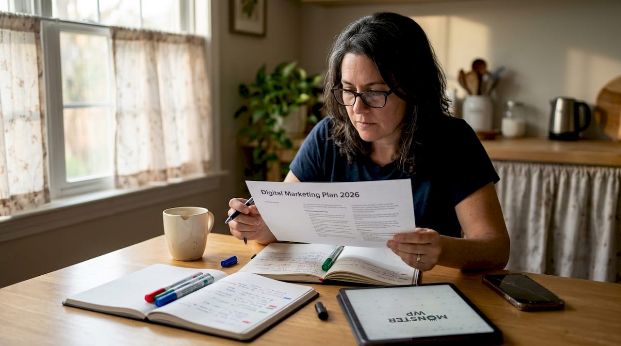 Woman planning marketing strategies at kitchen table