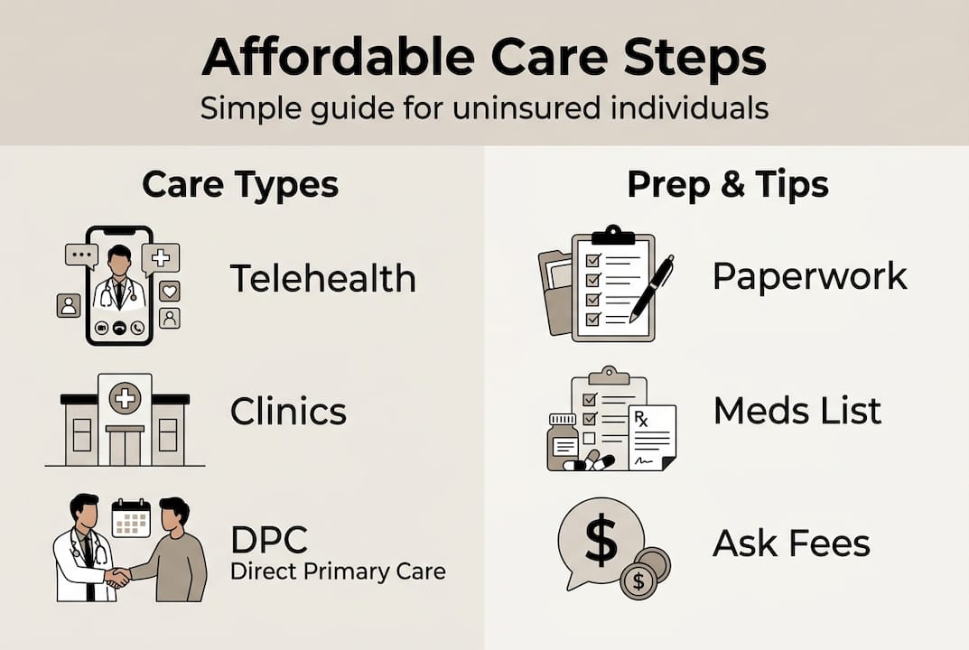 Infographic showing uninsured healthcare steps and categories