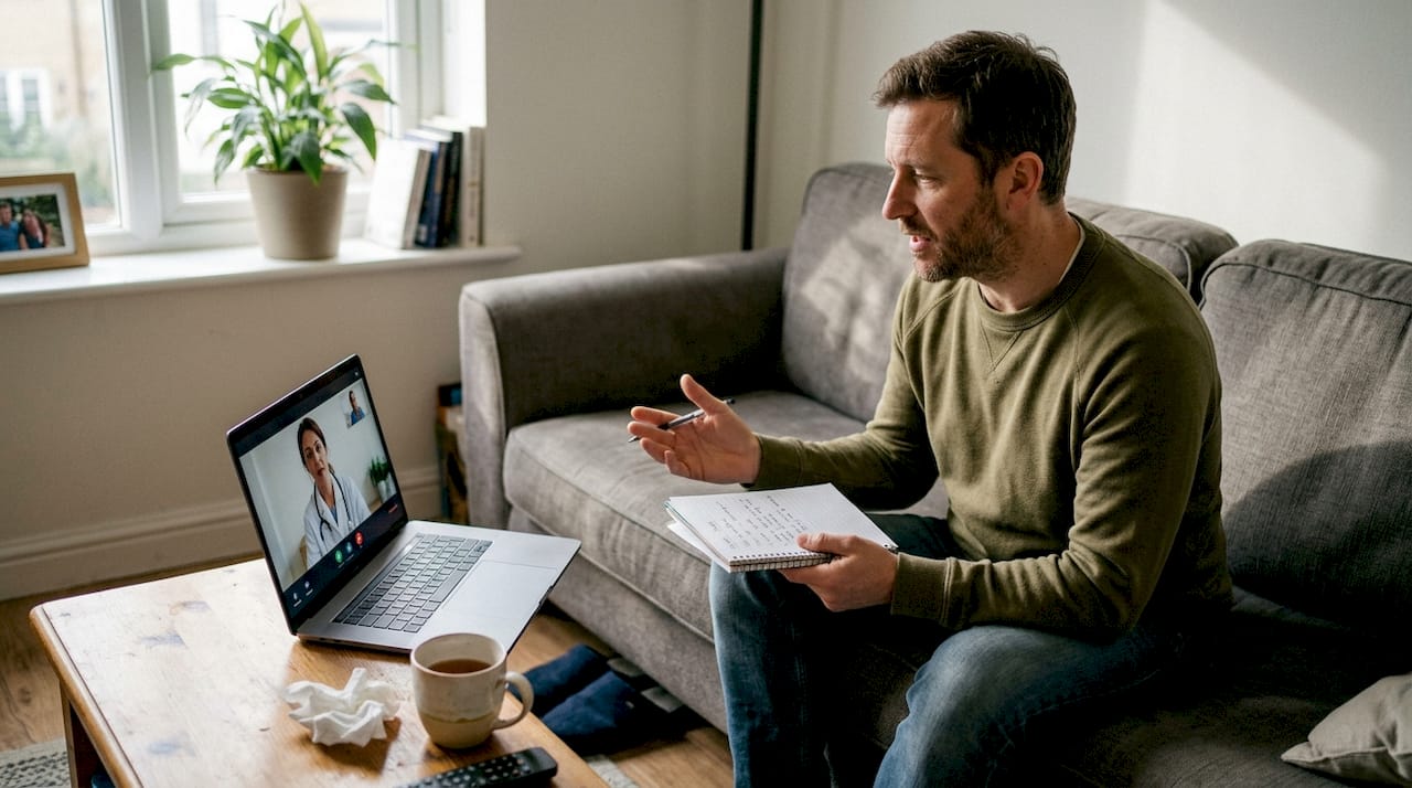 Man having telehealth video visit from home