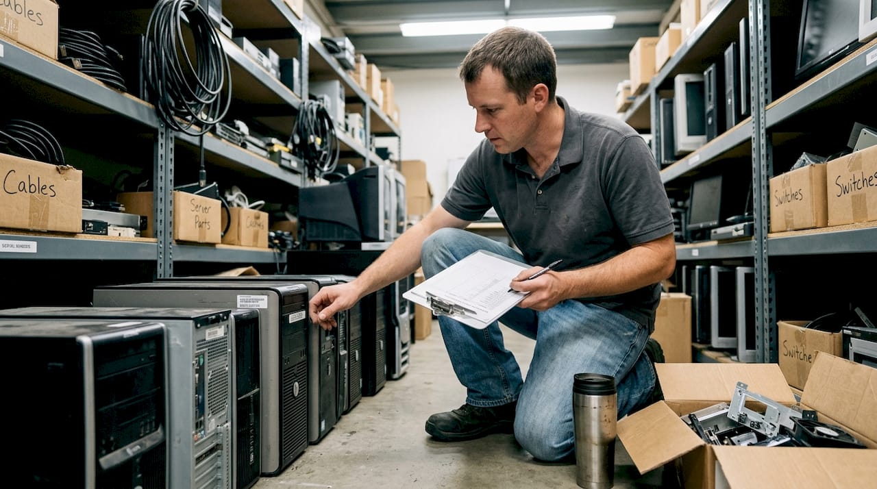 IT specialist inspecting surplus computer equipment
