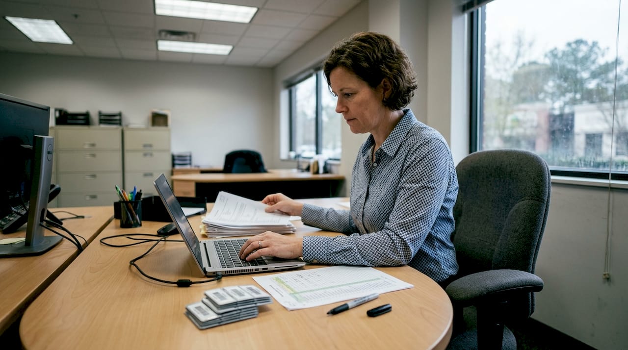 Coordinator entering asset inventory data at desk