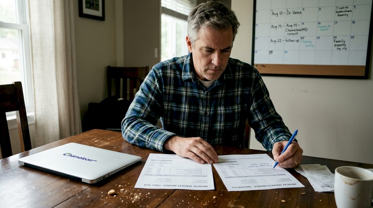 Man reviewing telemedicine versus clinic bills