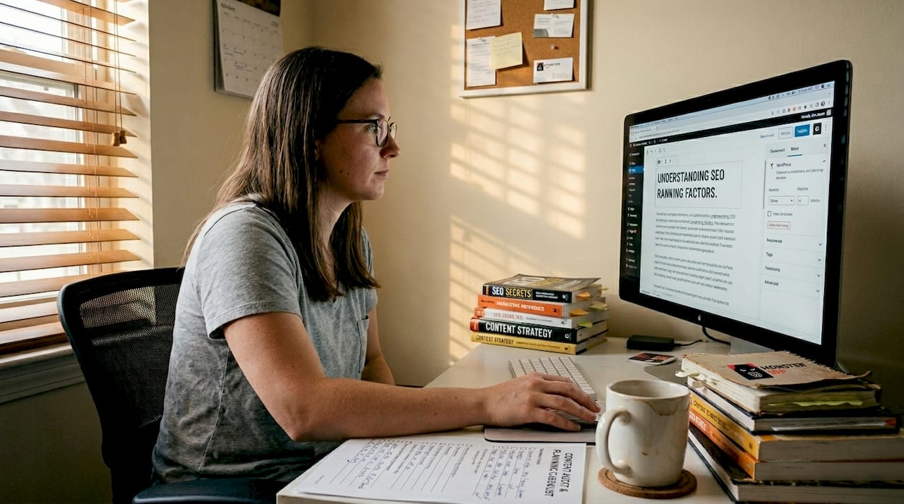 Marketer editing SEO content at home desk