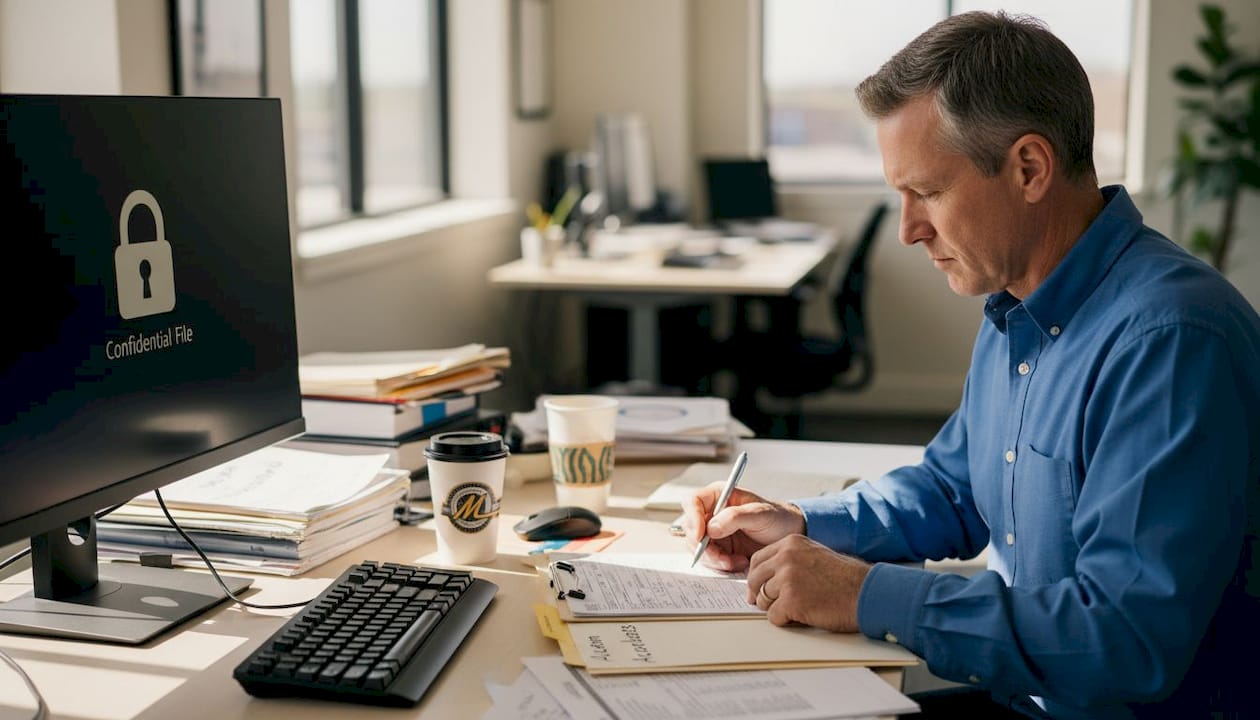 Man reviewing confidential auction procedures at desk