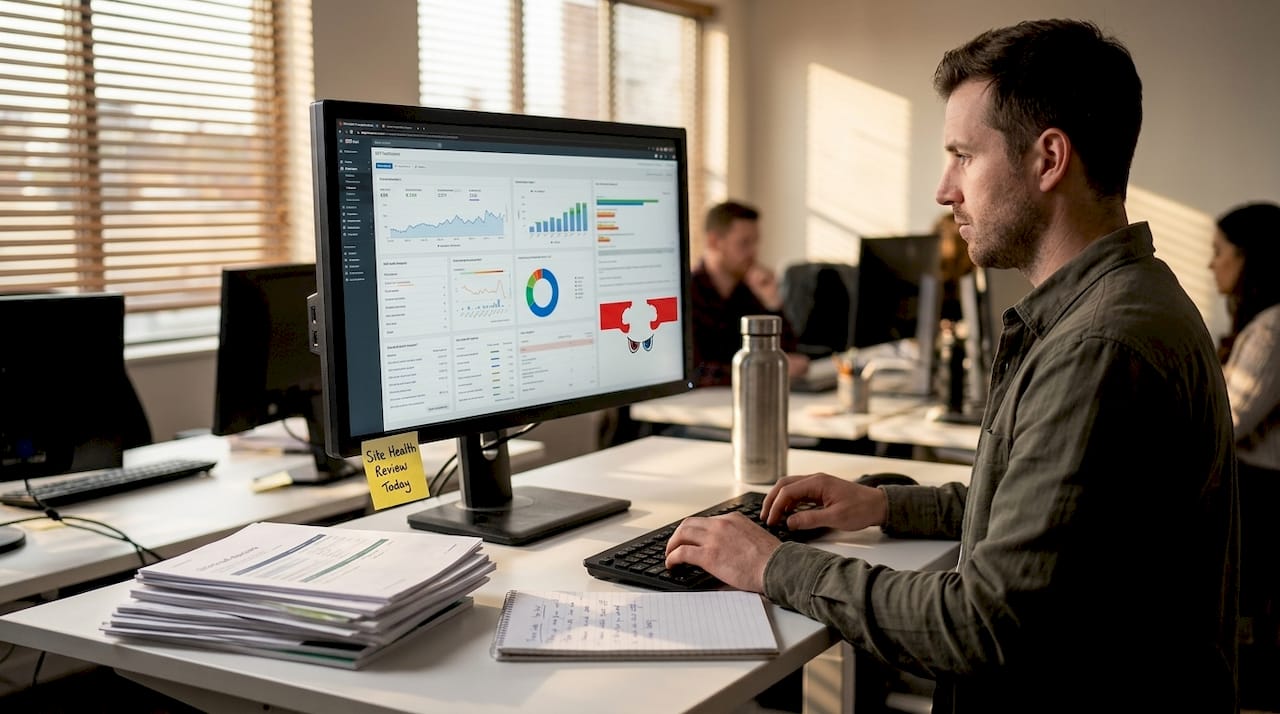 Analyst auditing website health and SEO data