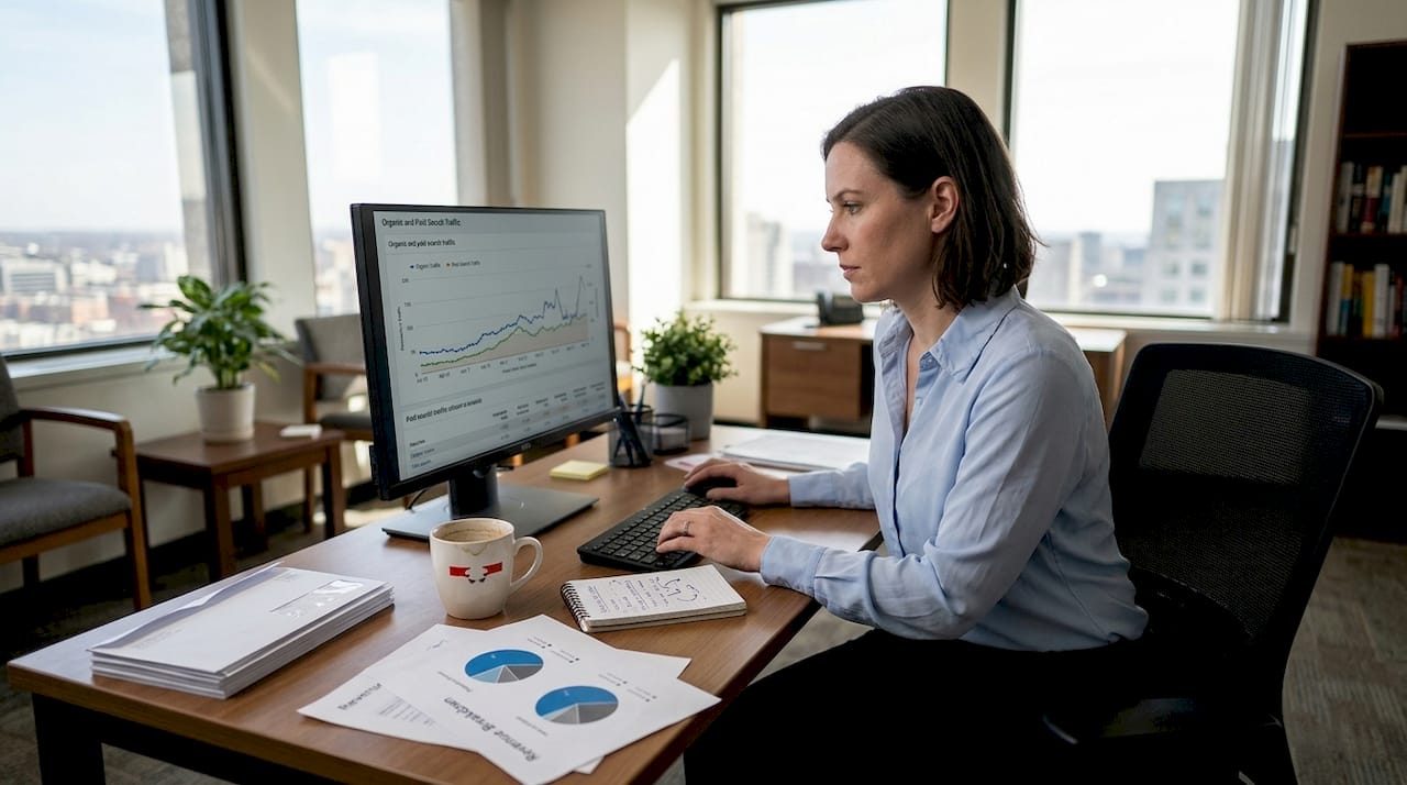 Businesswoman reviewing online search analytics