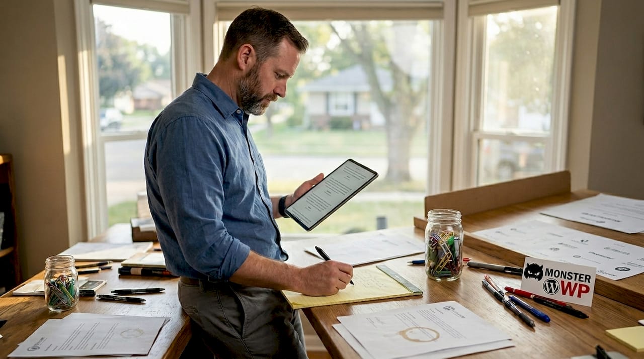 Business owner reviewing testimonials for landing page