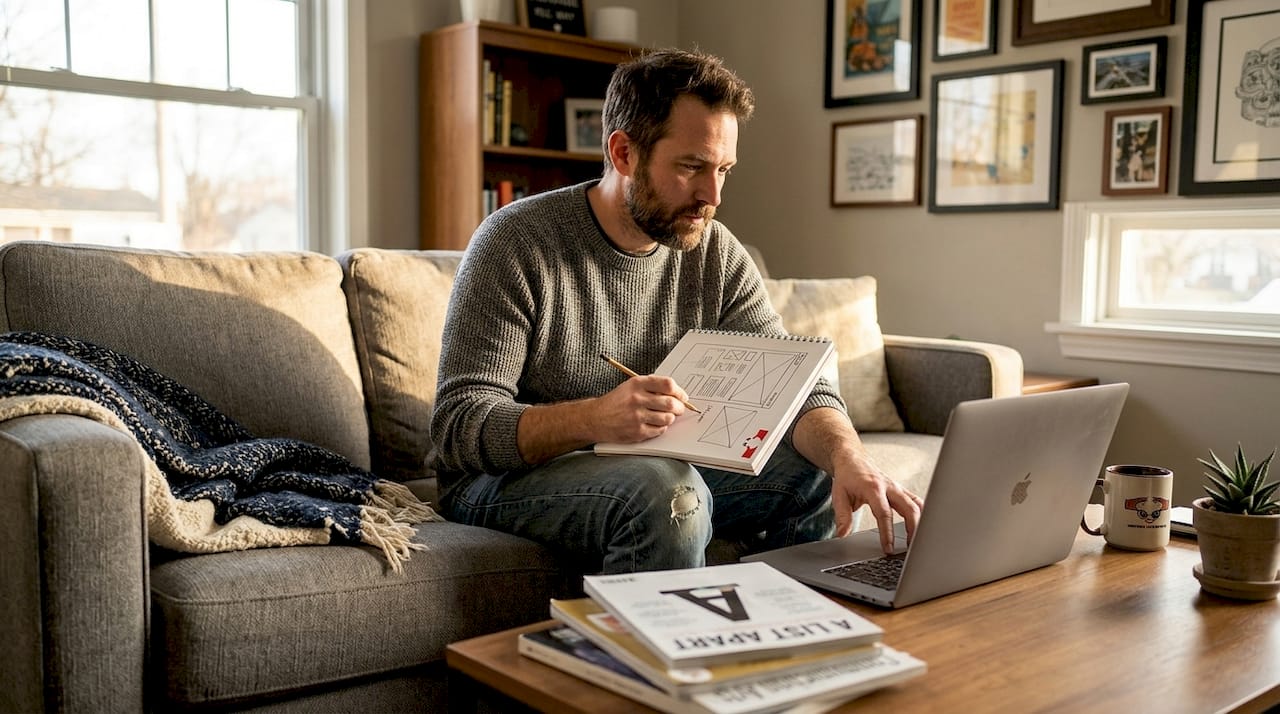 Web designer sketching wireframes on living room couch