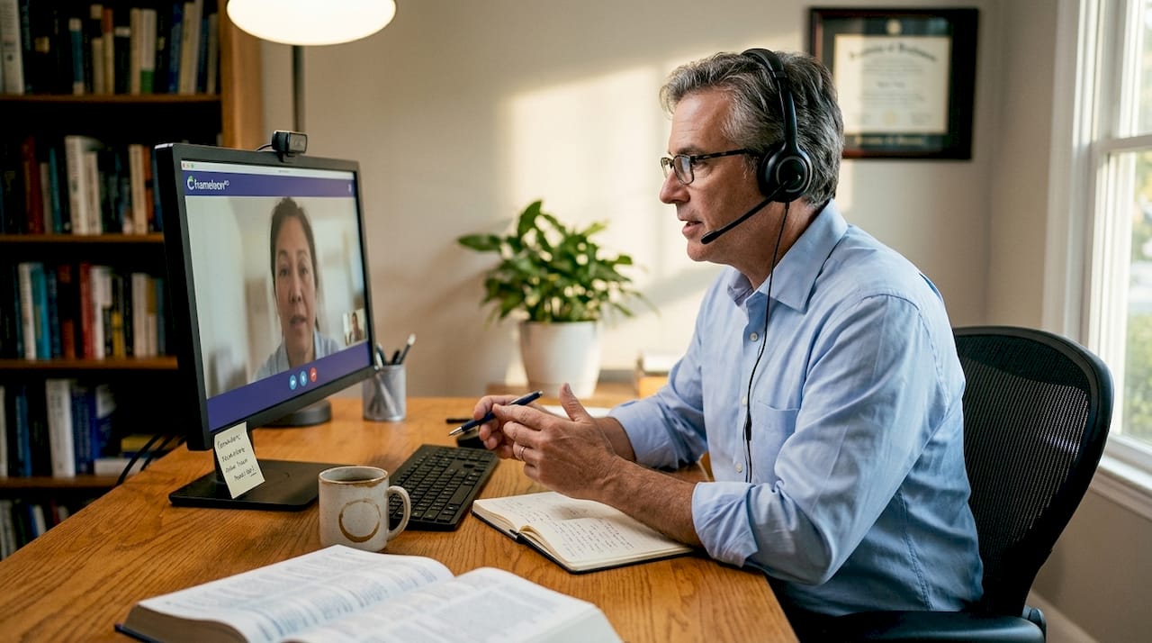 Doctor providing telehealth consultation from home office