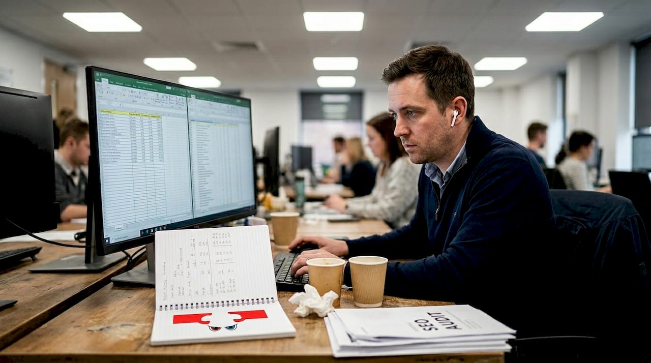SEO manager reviewing data in busy workspace