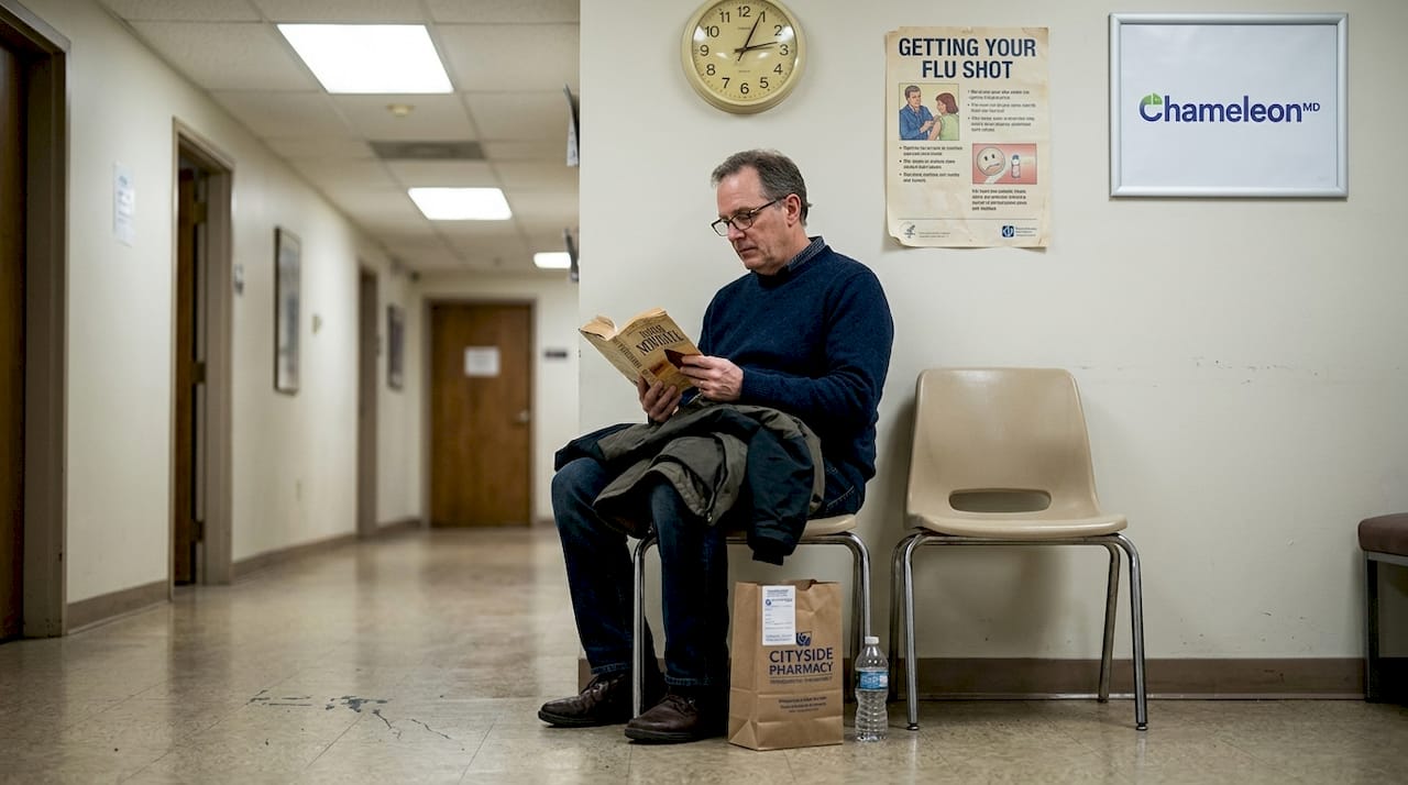 Man waiting in clinic hallway for care