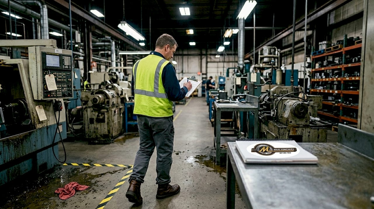 Manager inspecting industrial assets with checklist