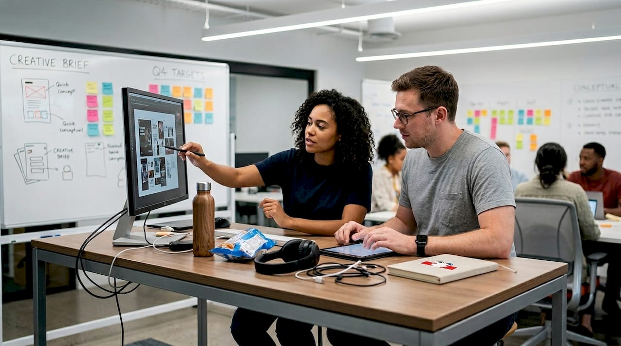 Team reviewing campaign assets in open-plan office