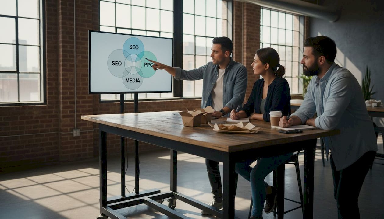 Team reviews digital marketing Venn diagram