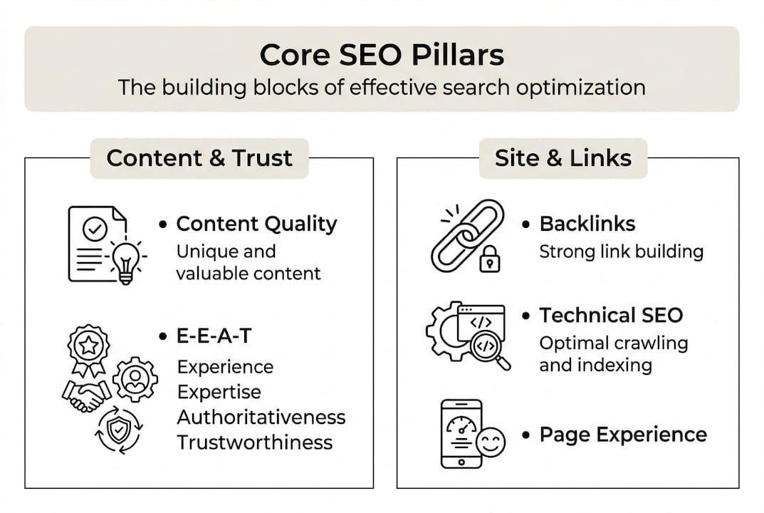 Infographic listing core SEO pillars and categories