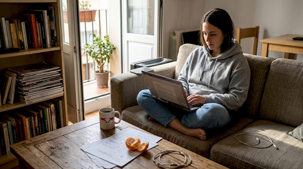 Writer editing blog post on living room sofa