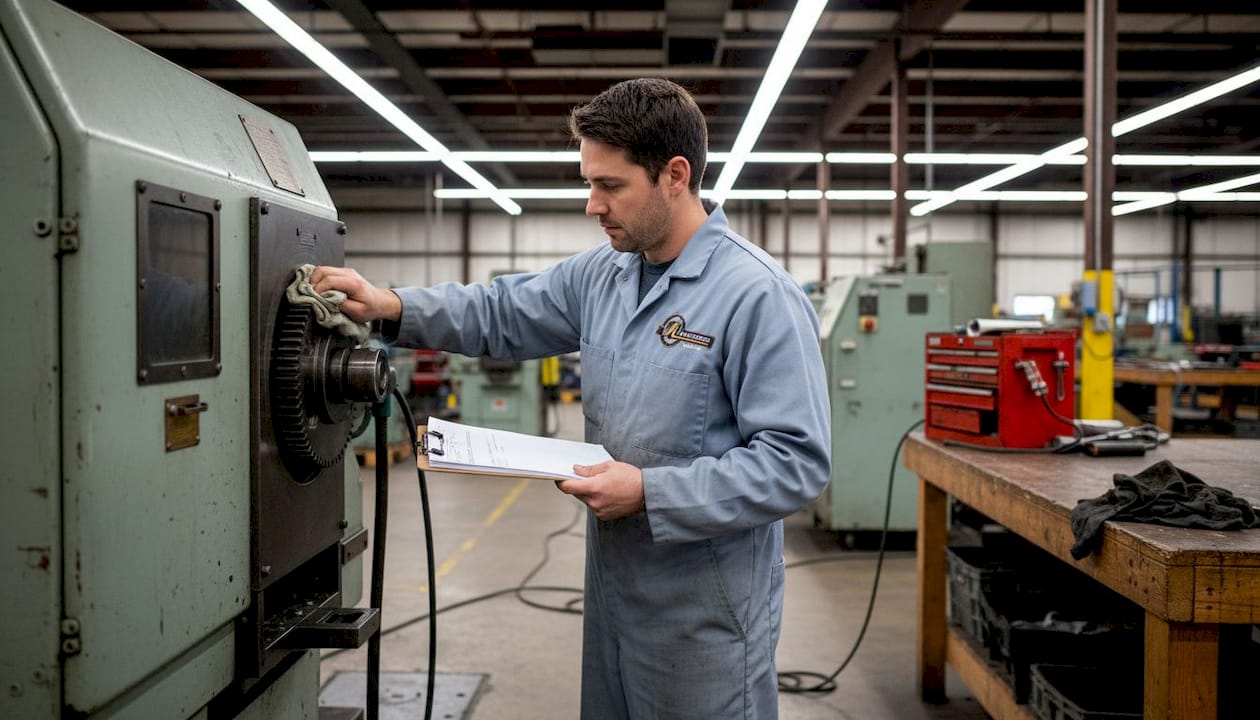 Technician preparing and cleaning industrial equipment