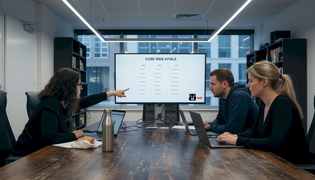 Team reviewing website speed metrics together
