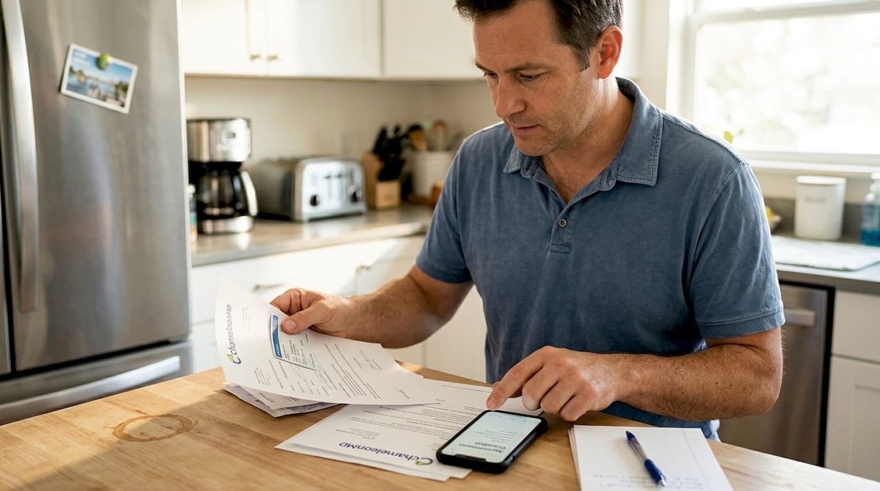 Man preparing urgent care documents at home