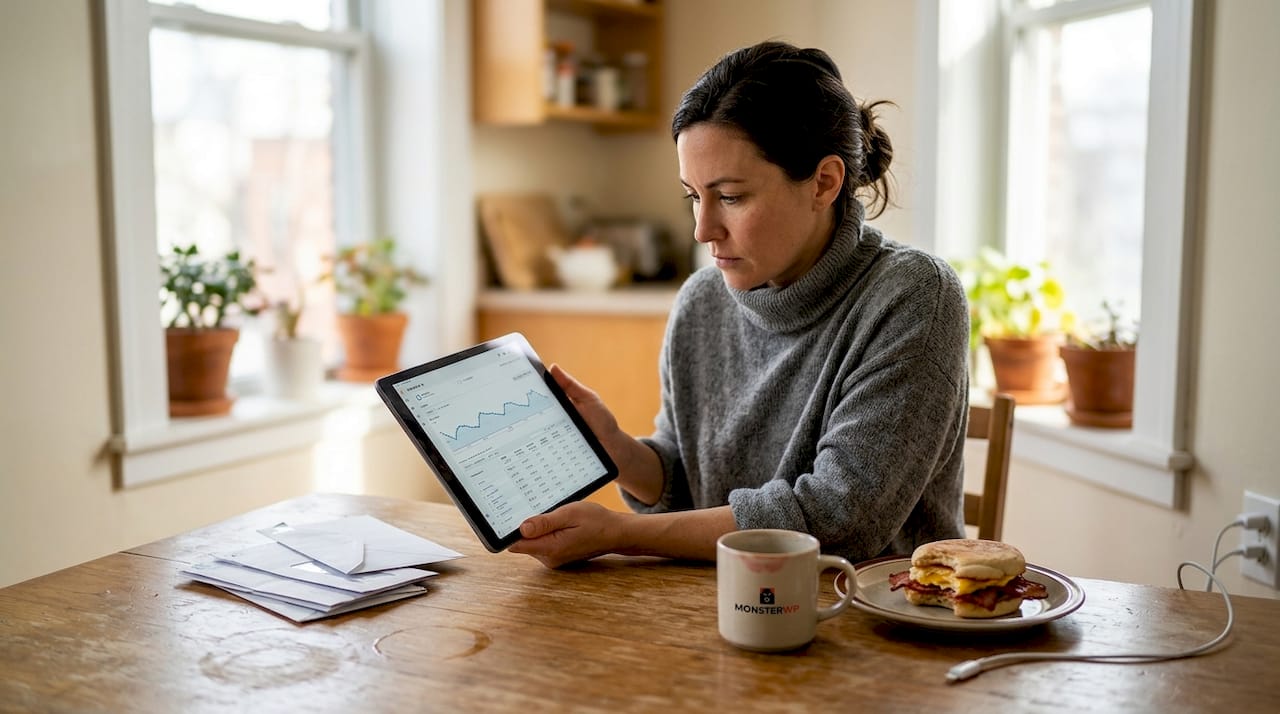 Business owner checks analytics on kitchen tablet