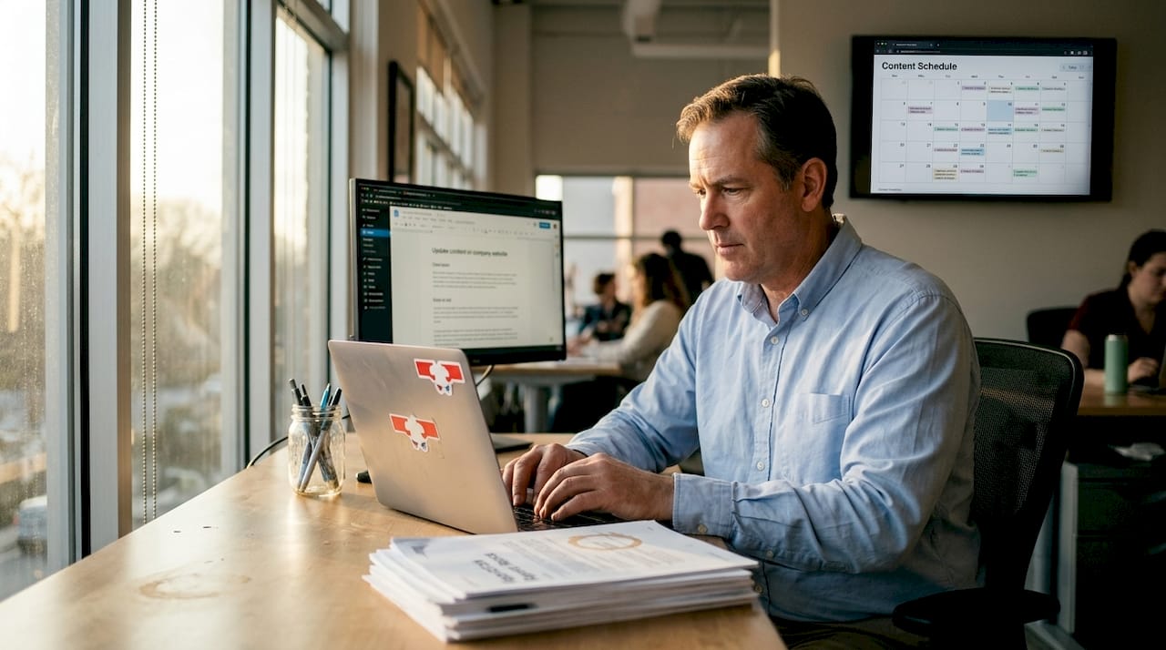 Marketer updating website content at workspace