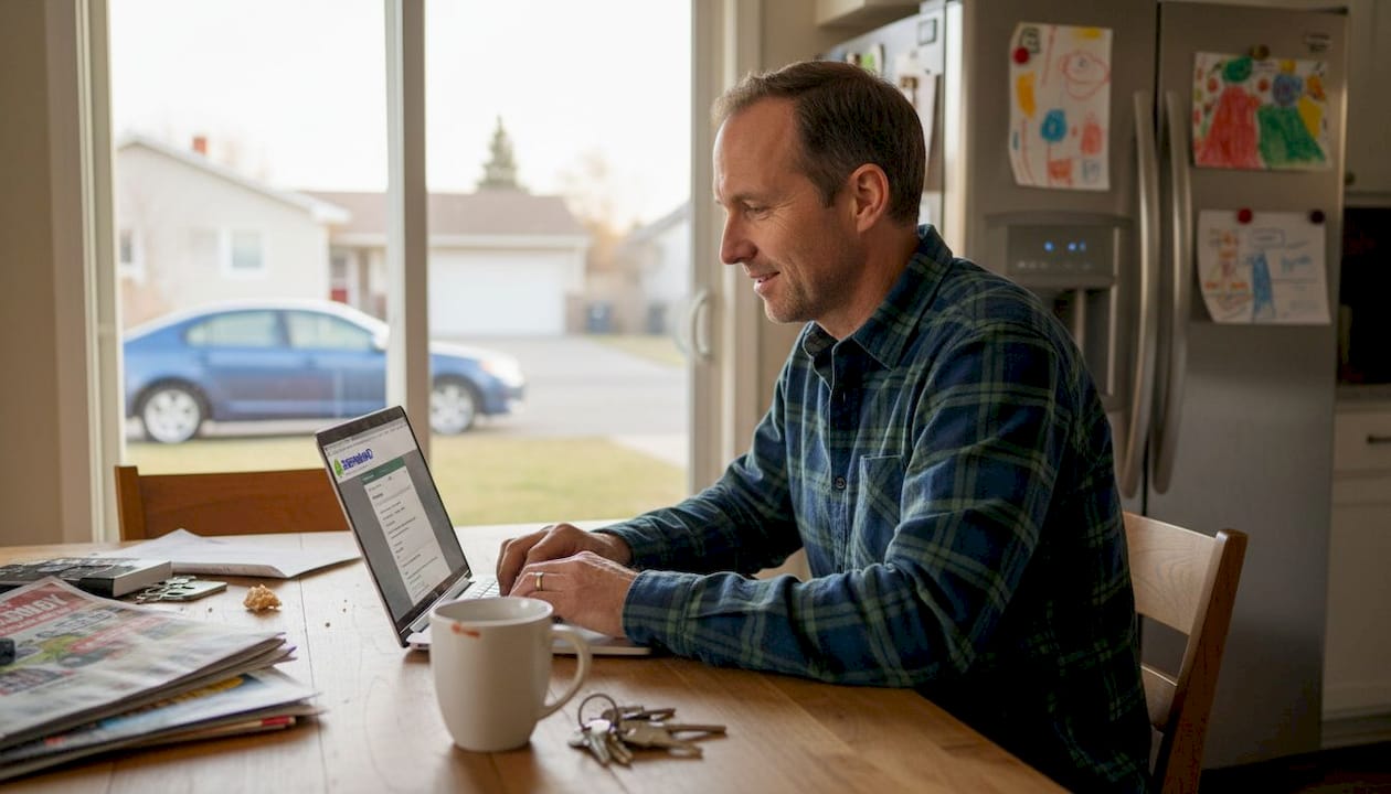 Man reviews telehealth savings at kitchen table