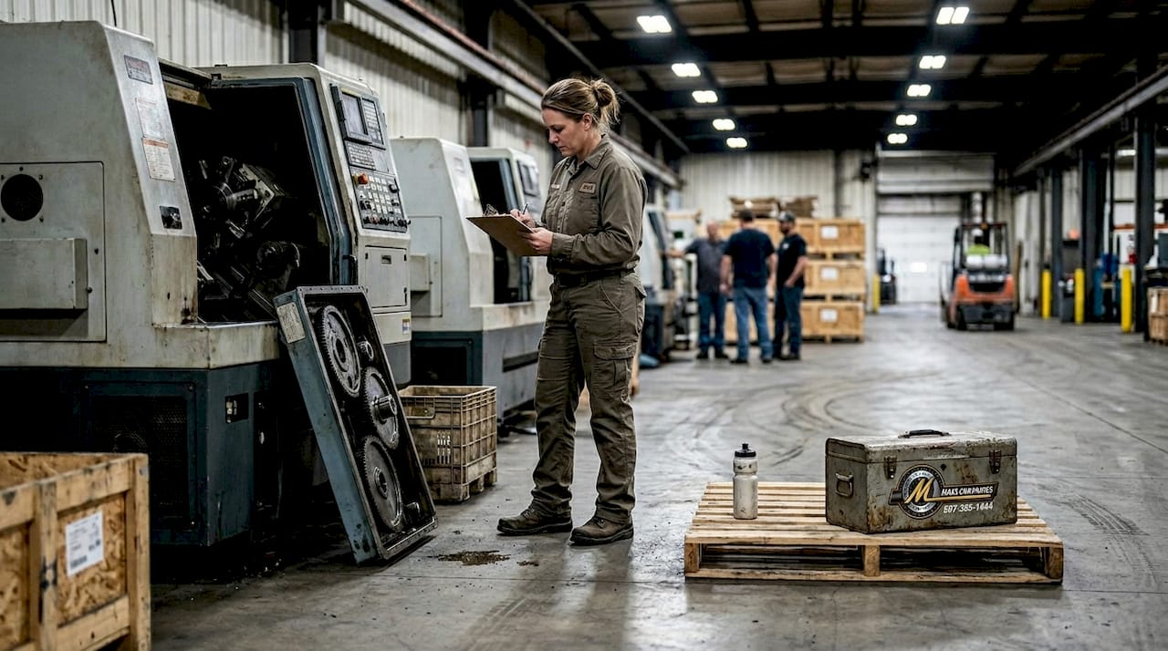 Supervisor checks machinery for auction in warehouse