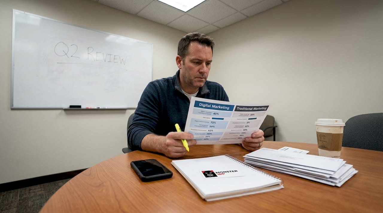 Manager reviews digital versus traditional marketing printout