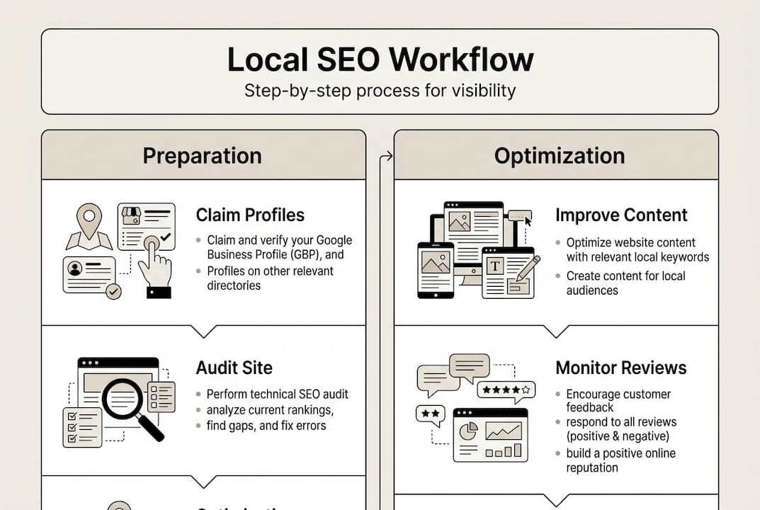Infographic showing local SEO workflow steps