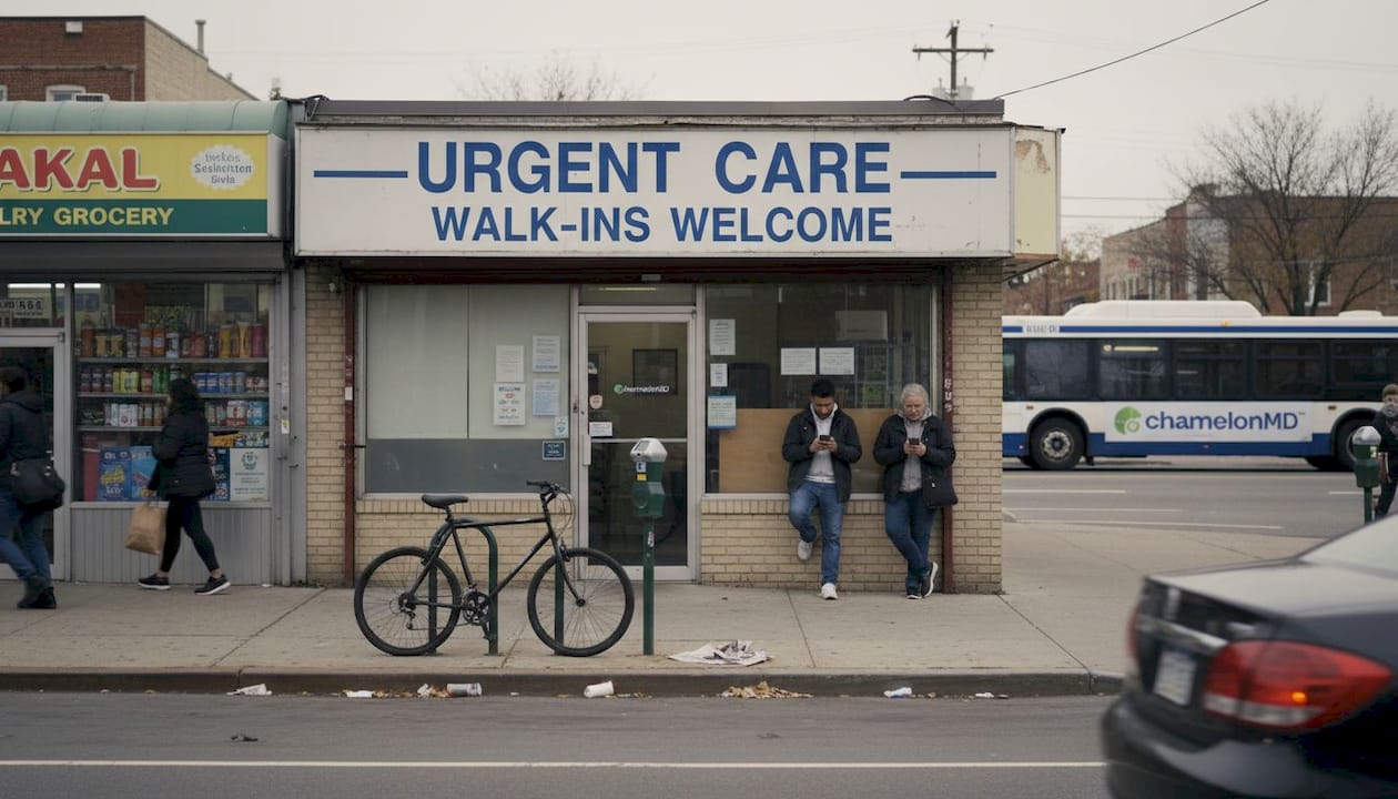 Neighborhood urgent care clinic entrance exterior