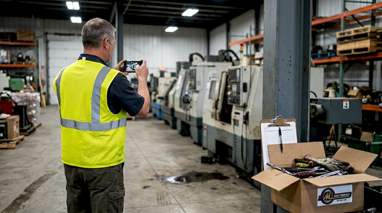 Man documenting equipment before warehouse auction