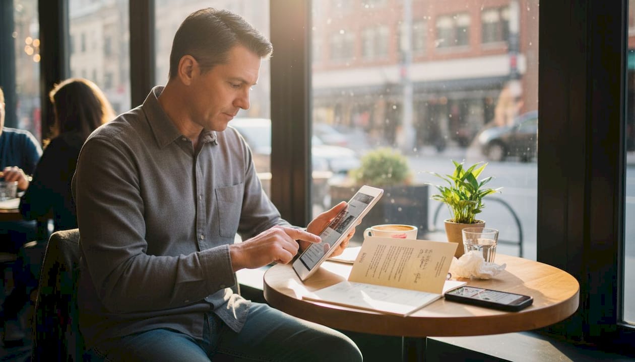 Professional reviewing integrated campaign in café