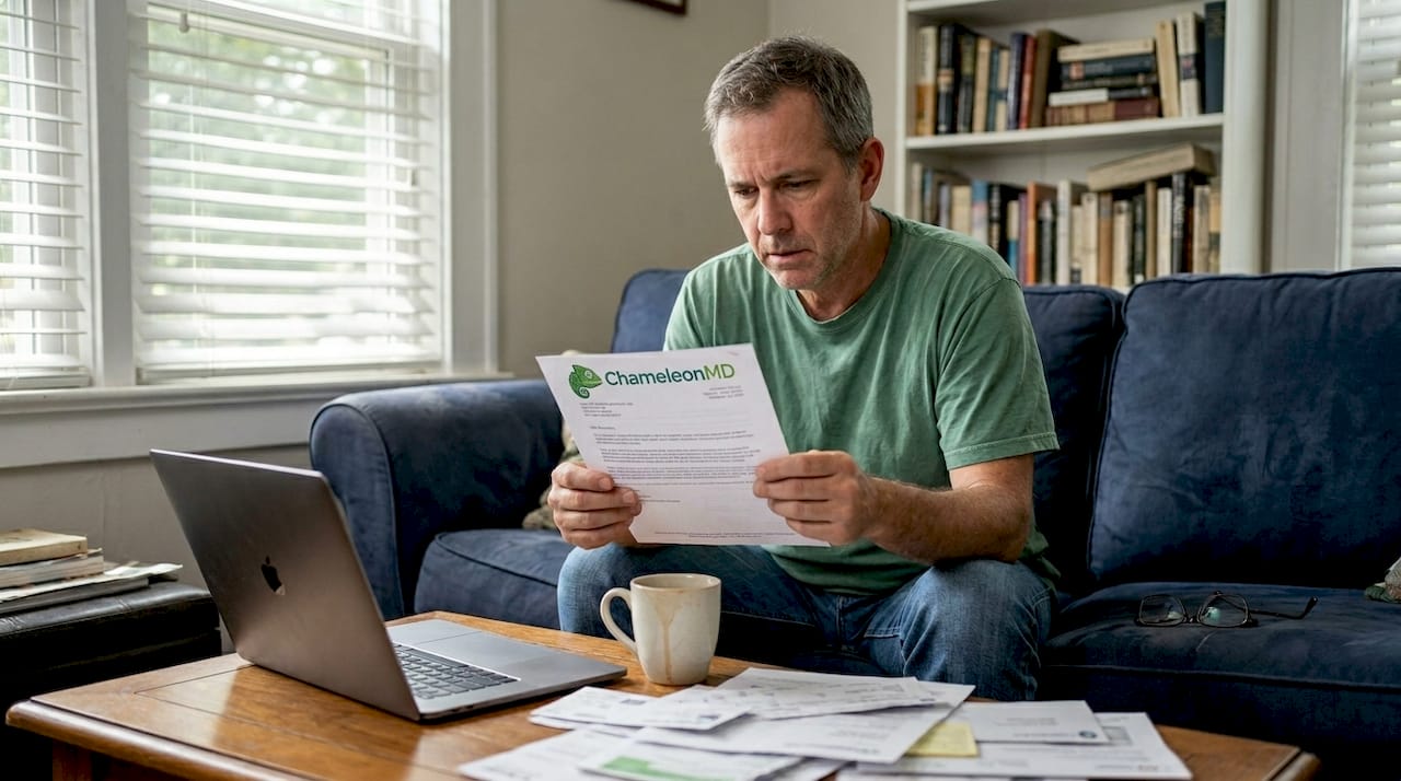 Man reading healthcare privacy paperwork on sofa