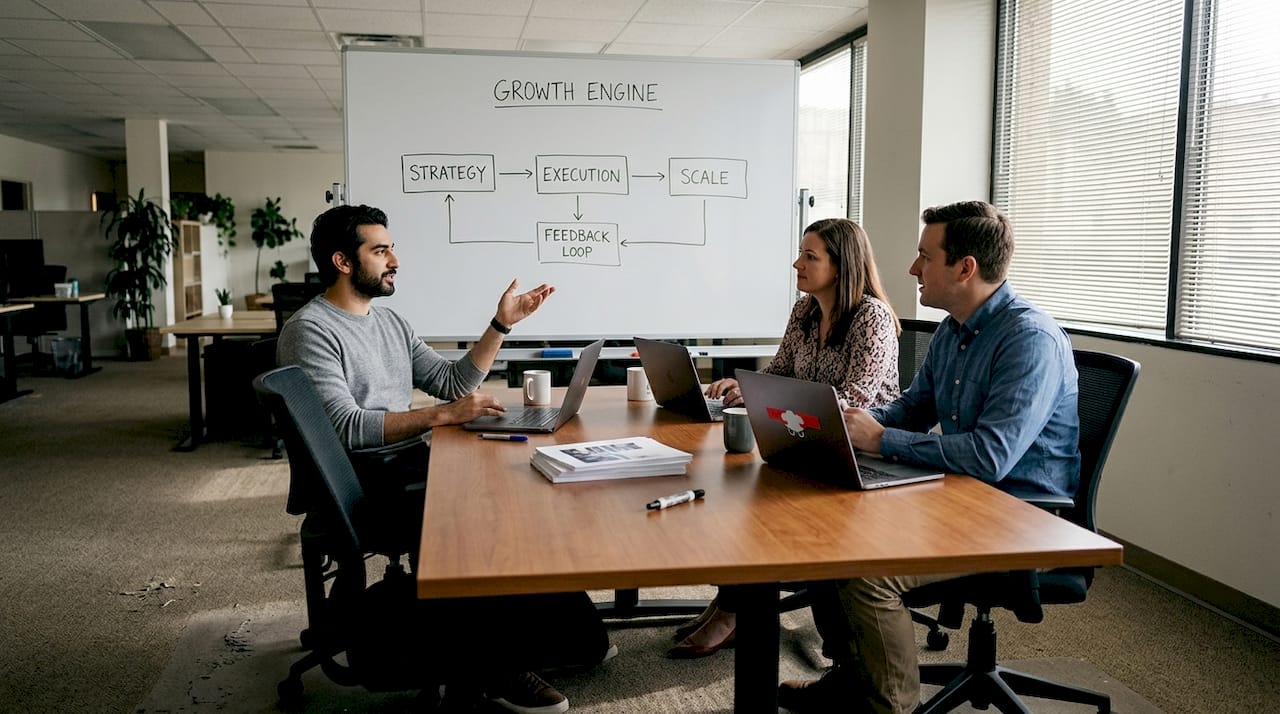 Coworkers discuss sustainable growth at conference table